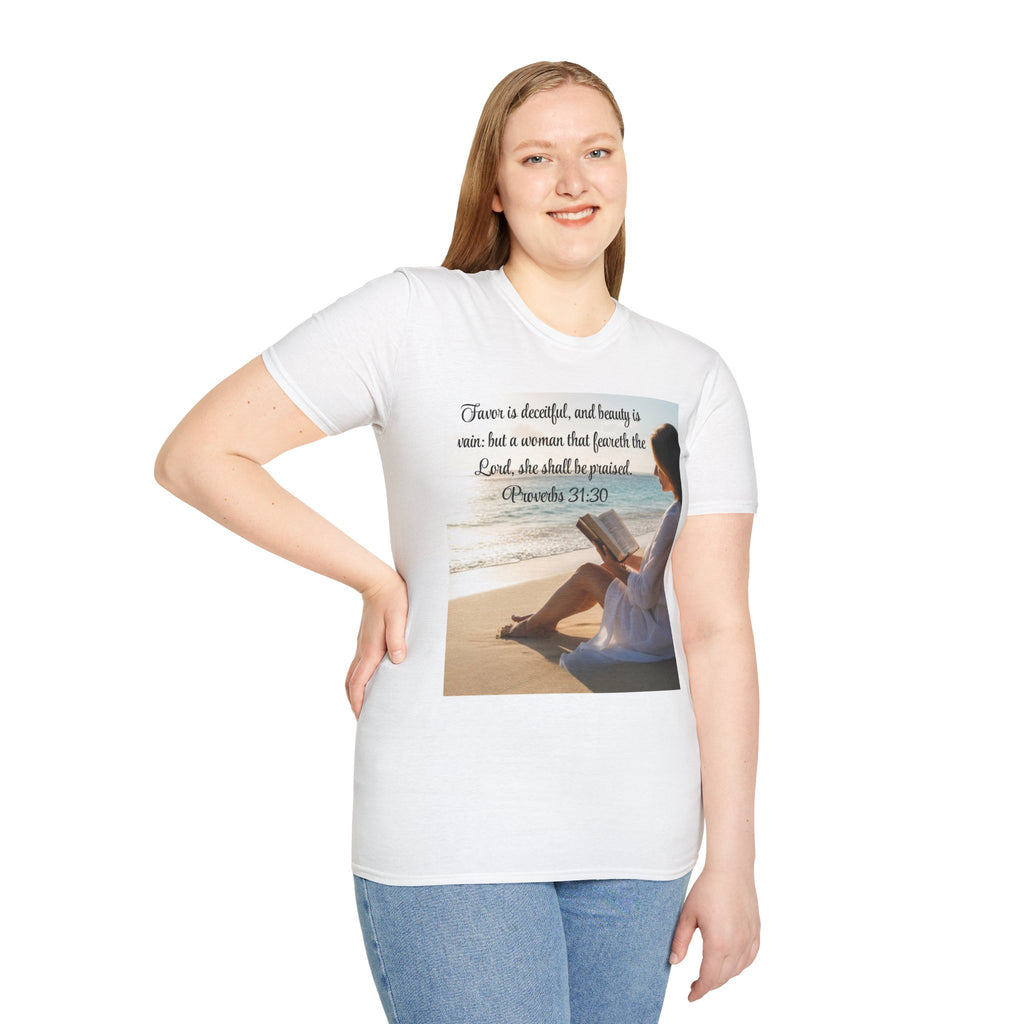 Proverbs 31:30 Beach Devotional T-Shirt — Woman Who Fears the Lord Religious Tee
