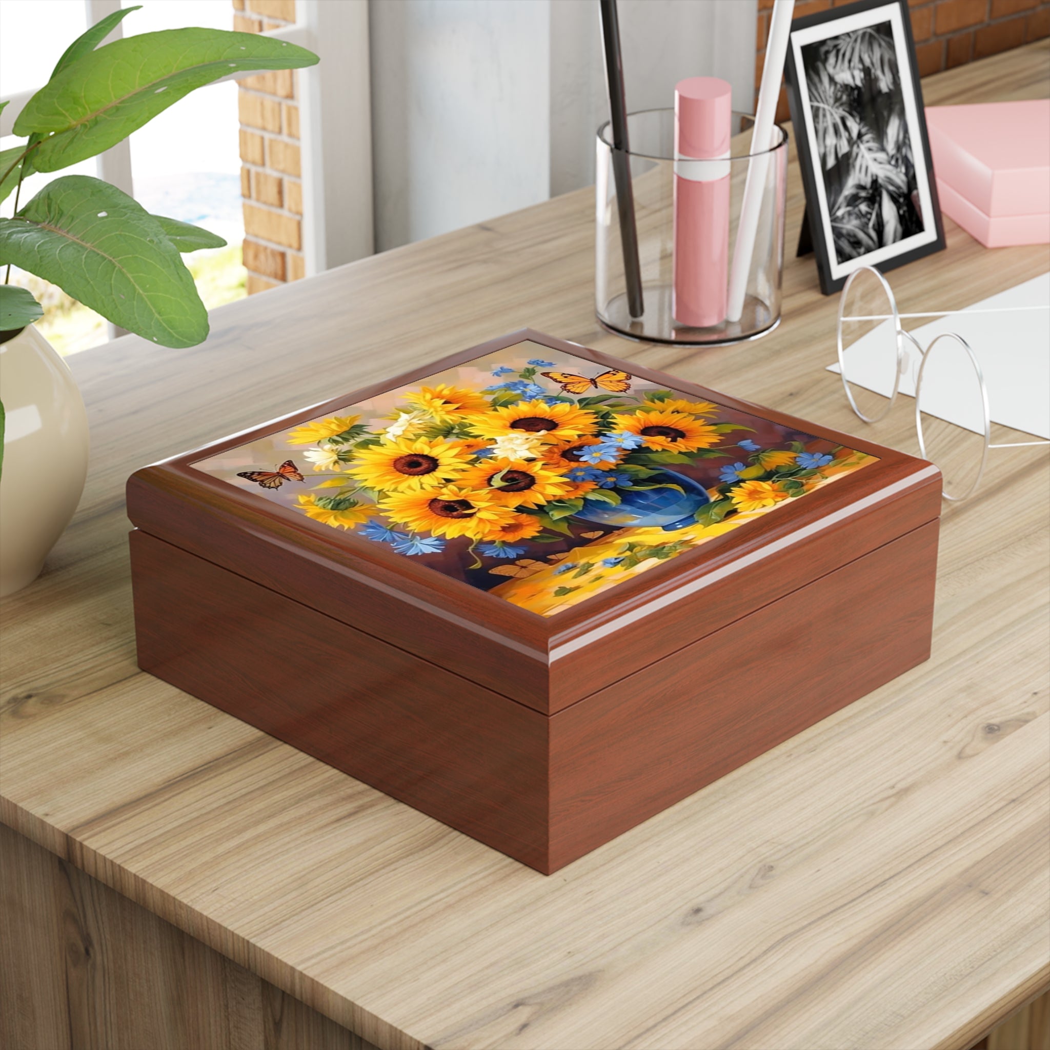 Sunflower Bouquet Jewelry Box — Floral Keepsake Box with Butterflies