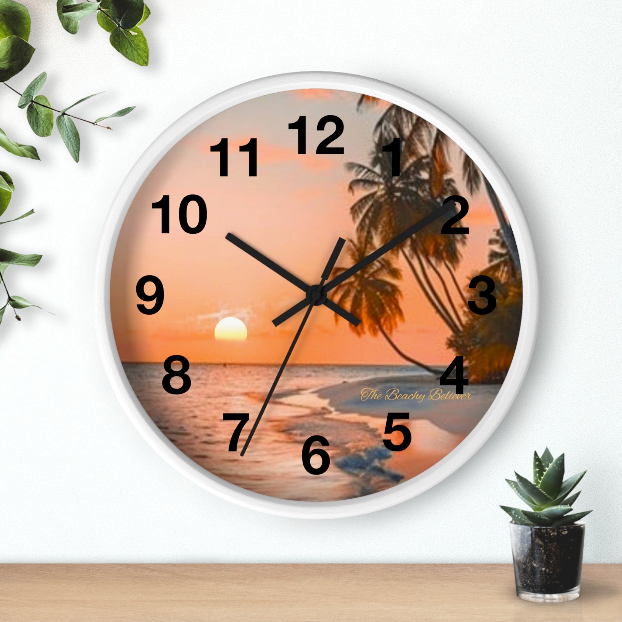 Tropical Sunset Wall Clock — Beach Palm Tree Coastal Decor