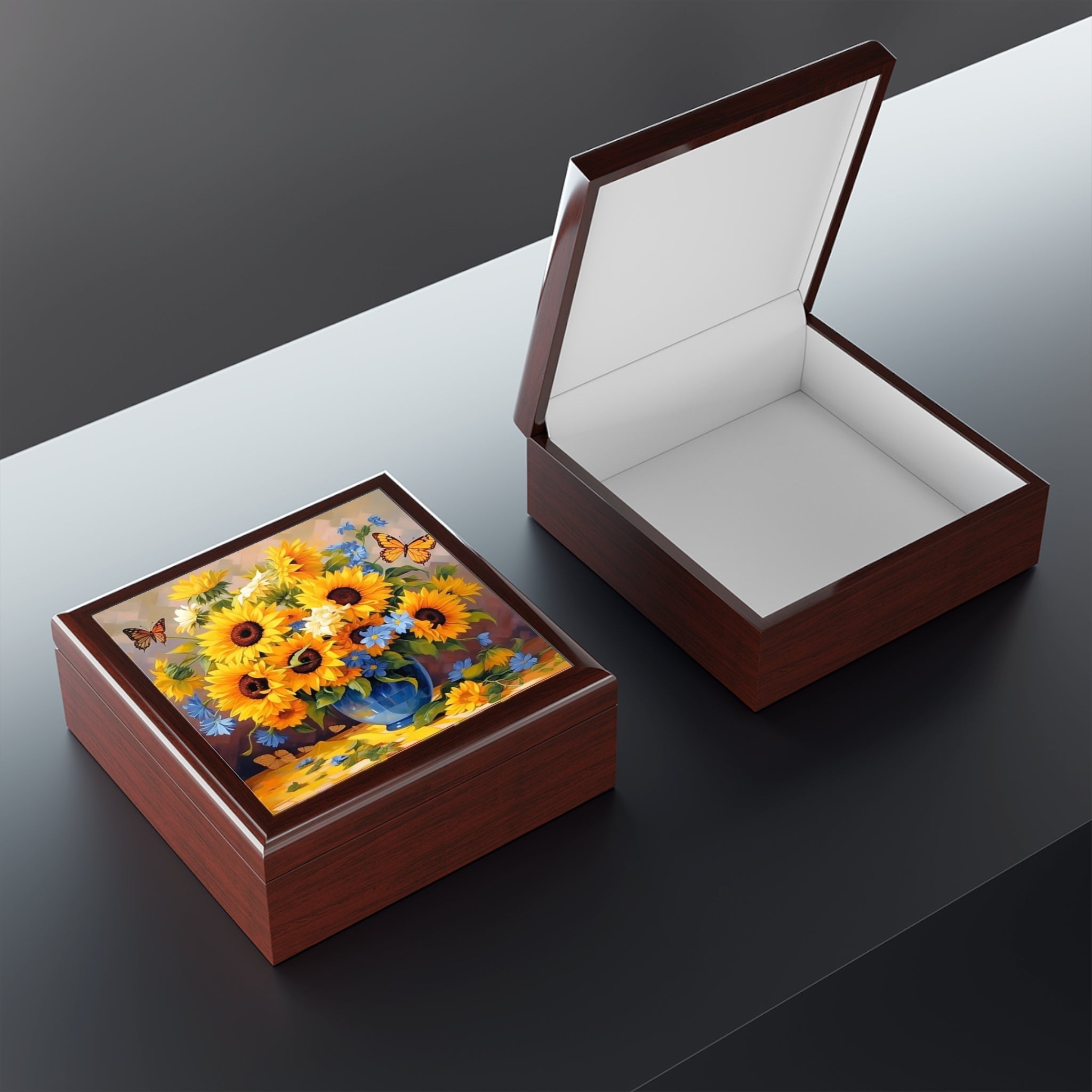 Sunflower Bouquet Jewelry Box — Floral Keepsake Box with Butterflies