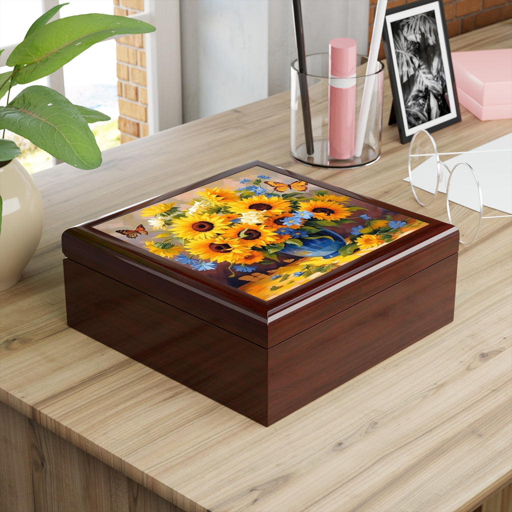 Sunflower Bouquet Jewelry Box — Floral Keepsake Box with Butterflies