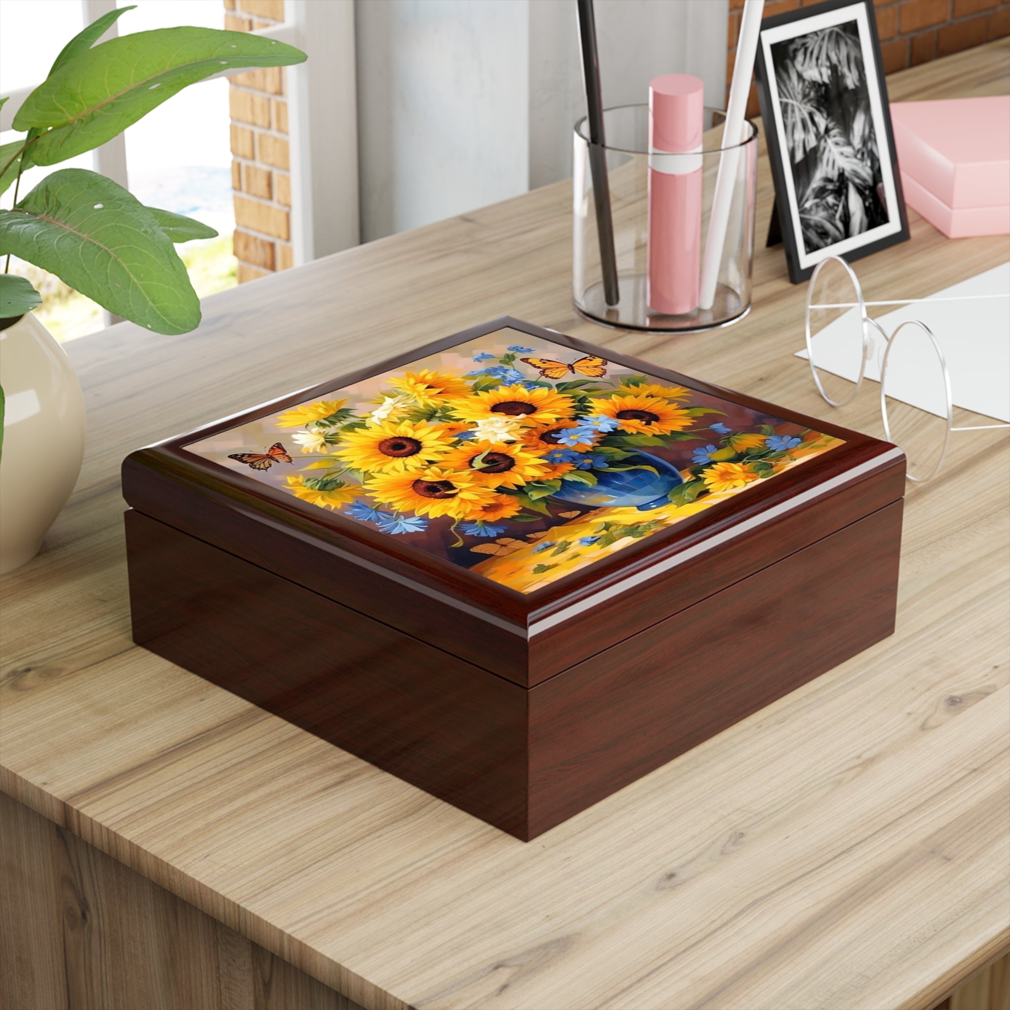 Sunflower Bouquet Jewelry Box — Floral Keepsake Box with Butterflies