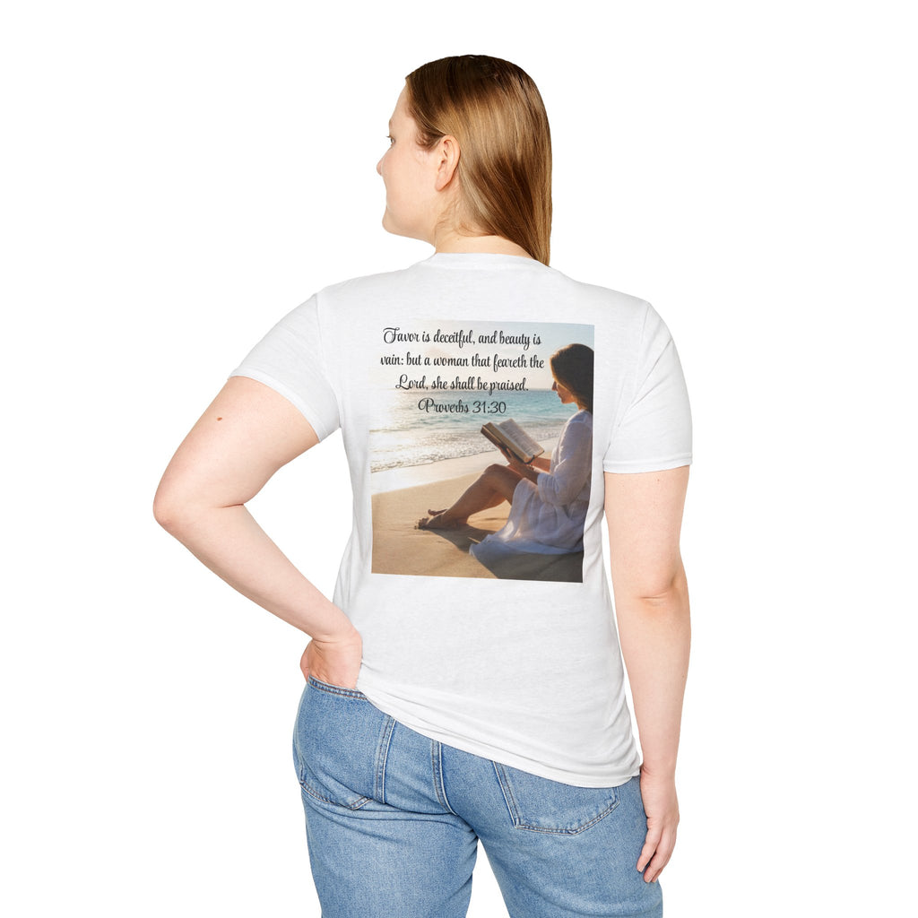 Proverbs 31:30 Beach Devotional T-Shirt — Woman Who Fears the Lord Religious Tee