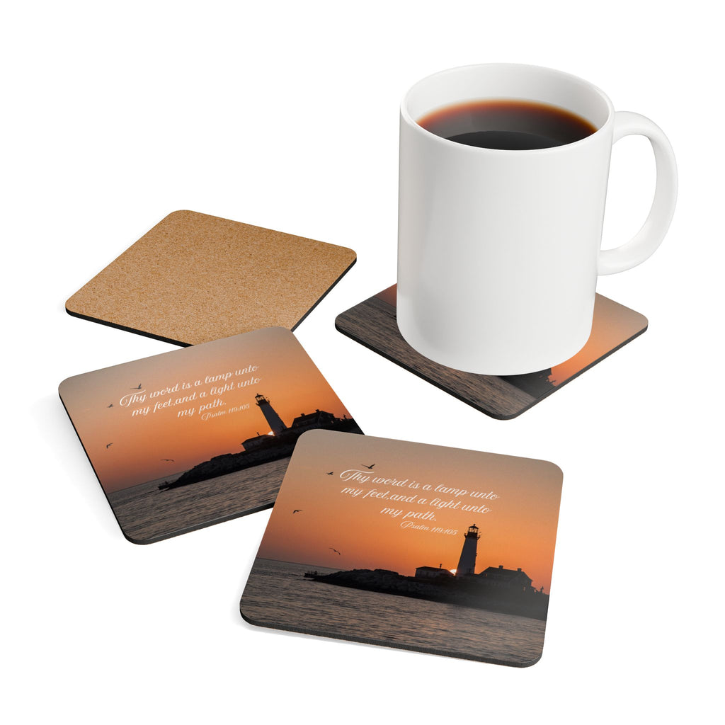 Lighthouse Sunset Cork Coaster Set — "Thy word is a lamp unto my feet" Inspirational Drink Coasters