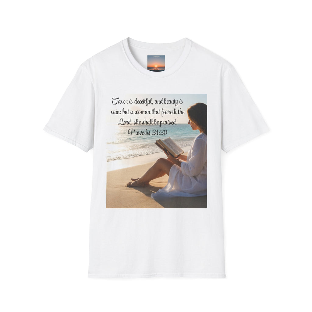 Proverbs 31:30 Beach Devotional T-Shirt — Woman Who Fears the Lord Religious Tee
