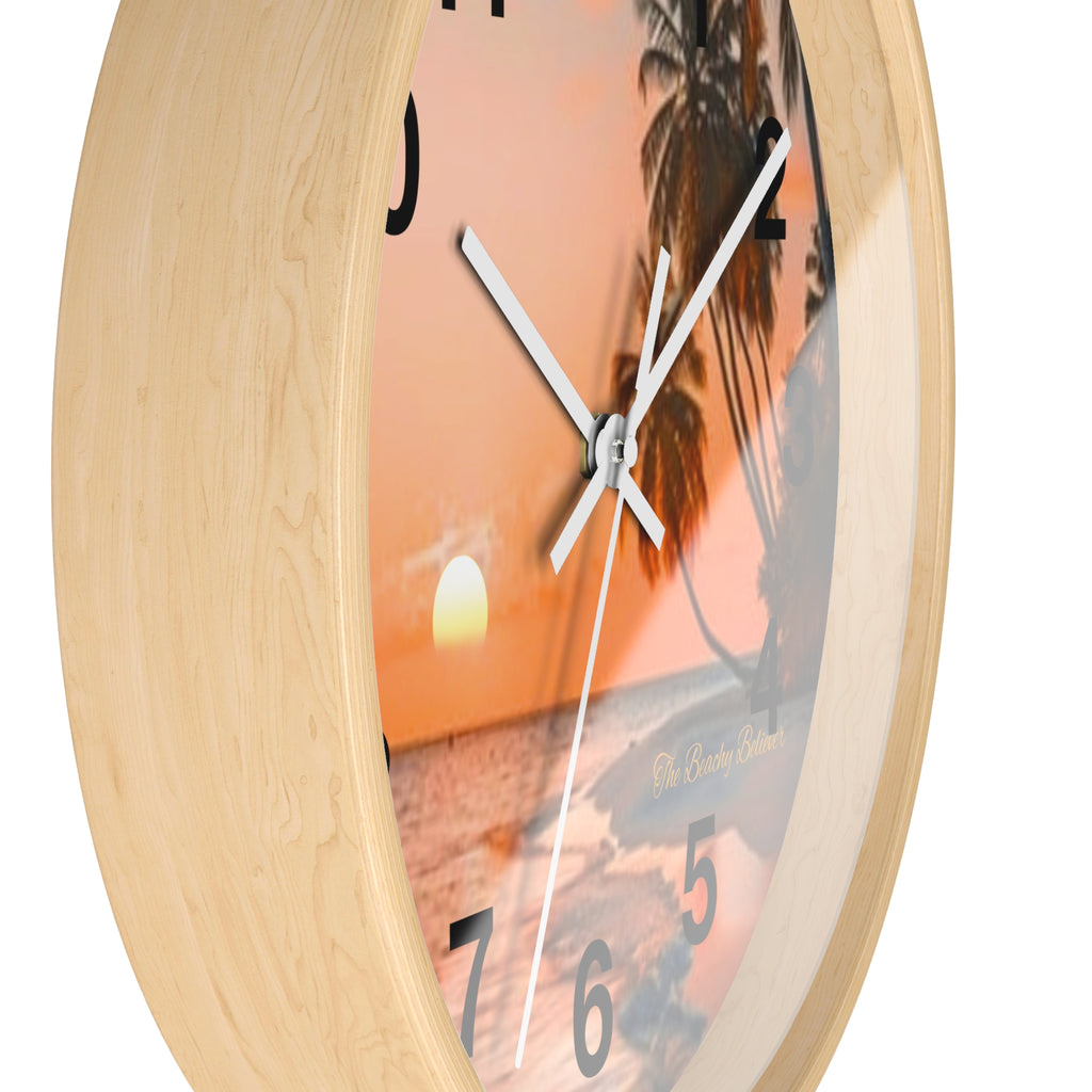 Tropical Sunset Wall Clock — Beach Palm Tree Coastal Decor
