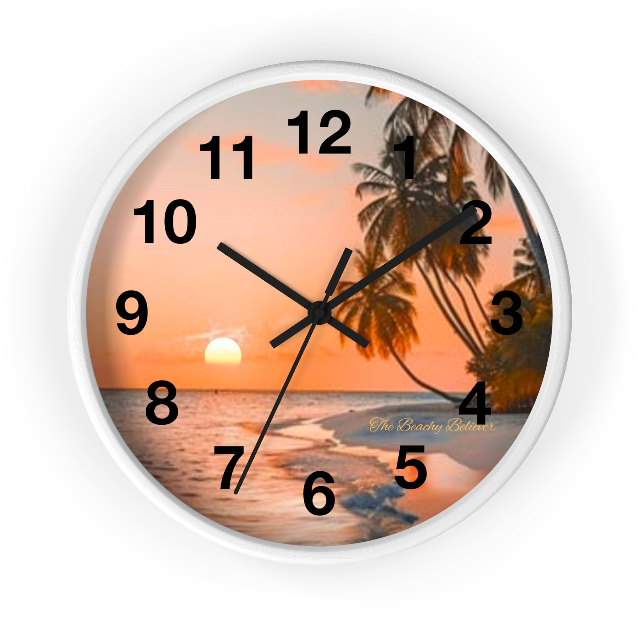 Tropical Sunset Wall Clock — Beach Palm Tree Coastal Decor