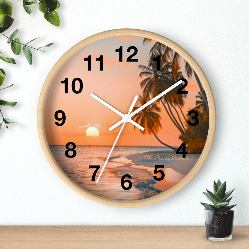 Tropical Sunset Wall Clock — Beach Palm Tree Coastal Decor