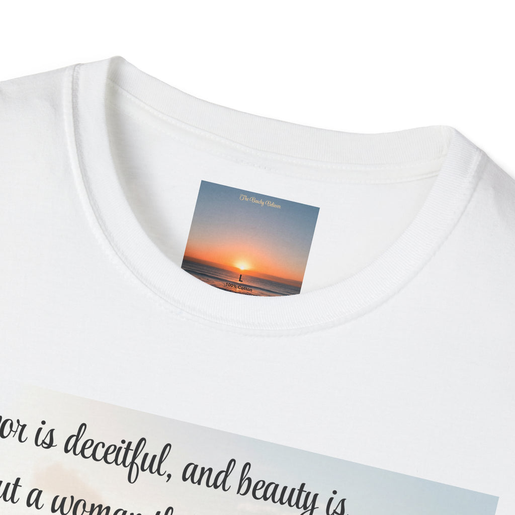 Proverbs 31:30 Beach Devotional T-Shirt — Woman Who Fears the Lord Religious Tee