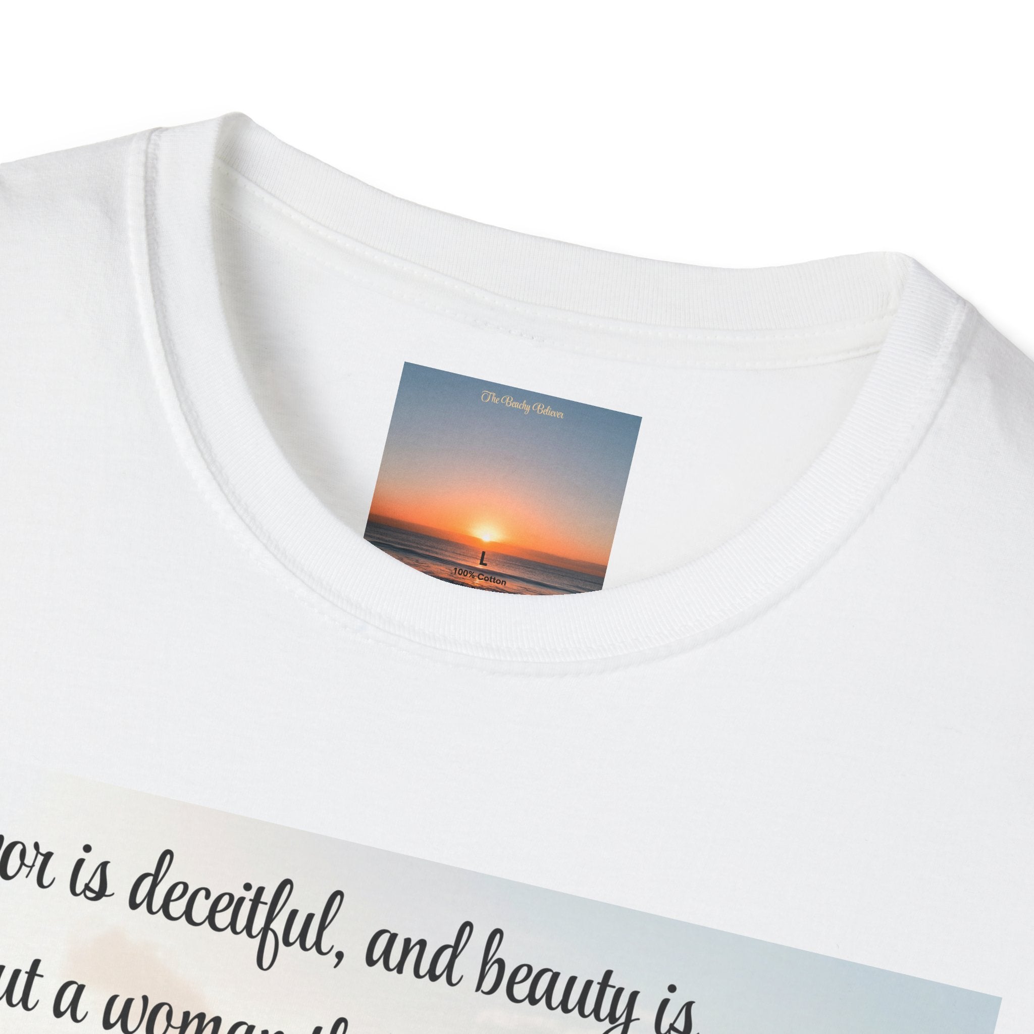 Proverbs 31:30 Beach Devotional T-Shirt — Woman Who Fears the Lord Religious Tee