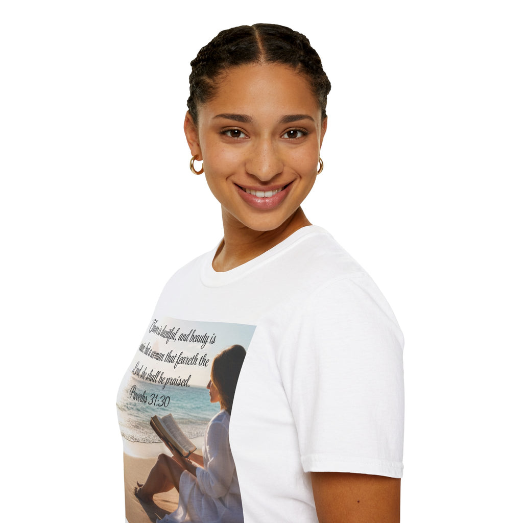 Proverbs 31:30 Beach Devotional T-Shirt — Woman Who Fears the Lord Religious Tee