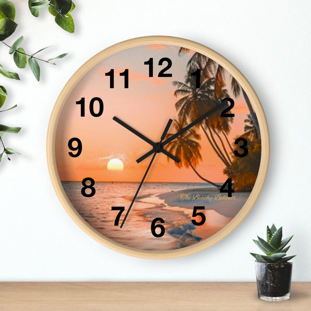 Tropical Sunset Wall Clock — Beach Palm Tree Coastal Decor