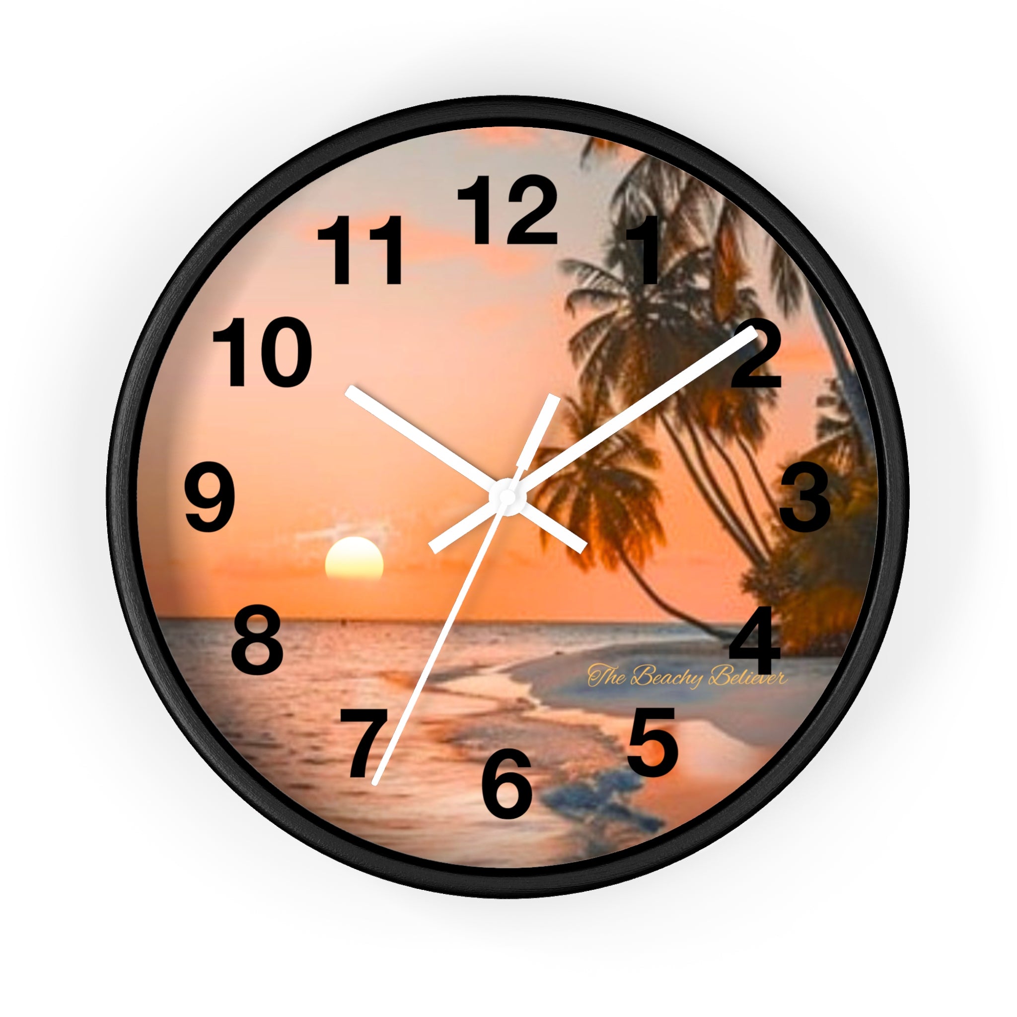 Tropical Sunset Wall Clock — Beach Palm Tree Coastal Decor