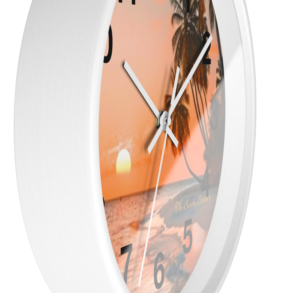 Tropical Sunset Wall Clock — Beach Palm Tree Coastal Decor
