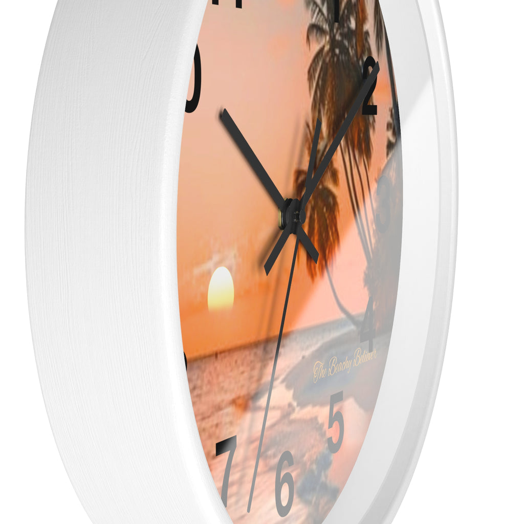 Tropical Sunset Wall Clock — Beach Palm Tree Coastal Decor