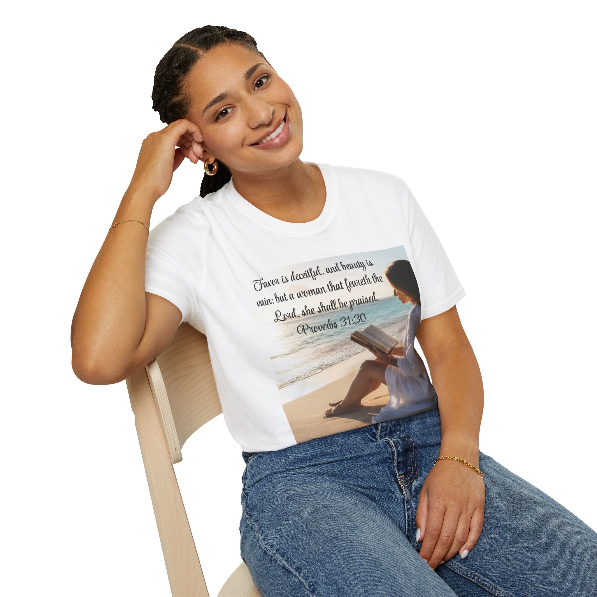 Proverbs 31:30 Beach Devotional T-Shirt — Woman Who Fears the Lord Religious Tee