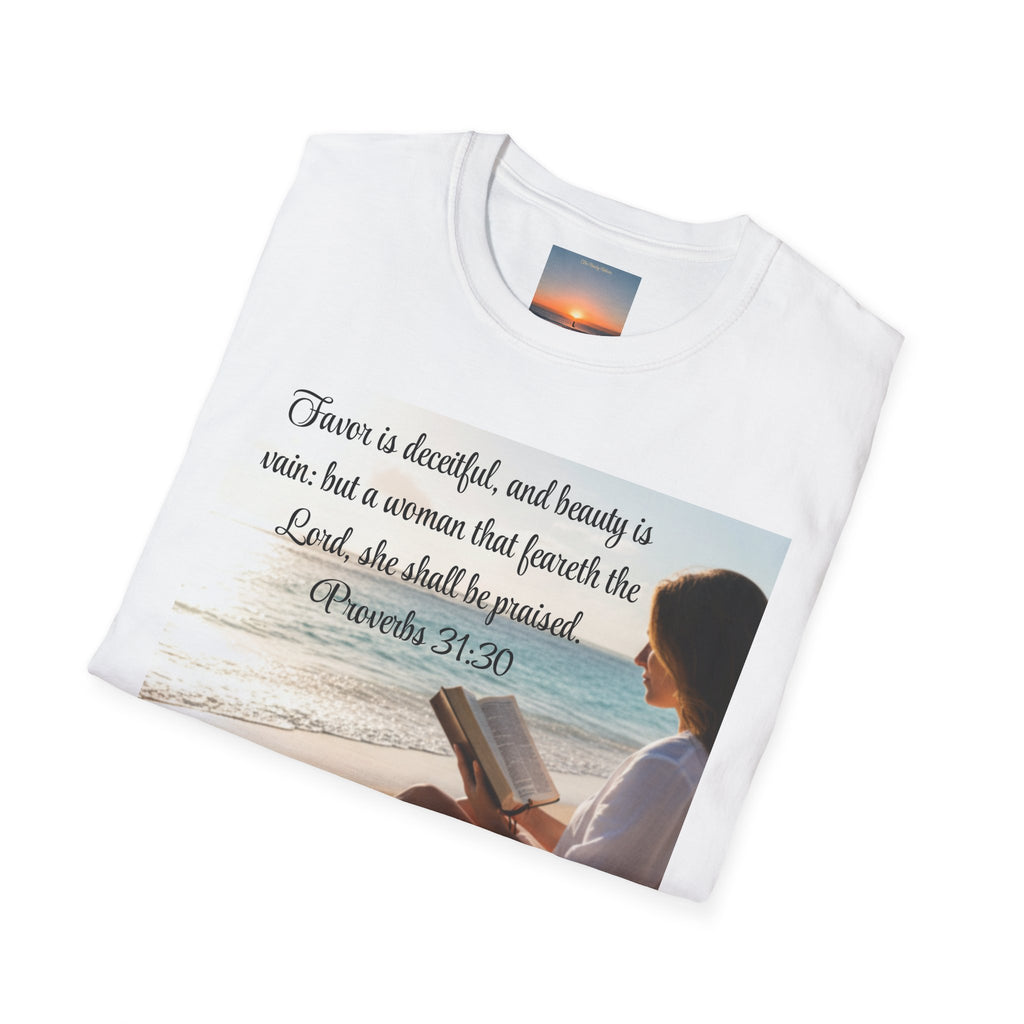 Proverbs 31:30 Beach Devotional T-Shirt — Woman Who Fears the Lord Religious Tee