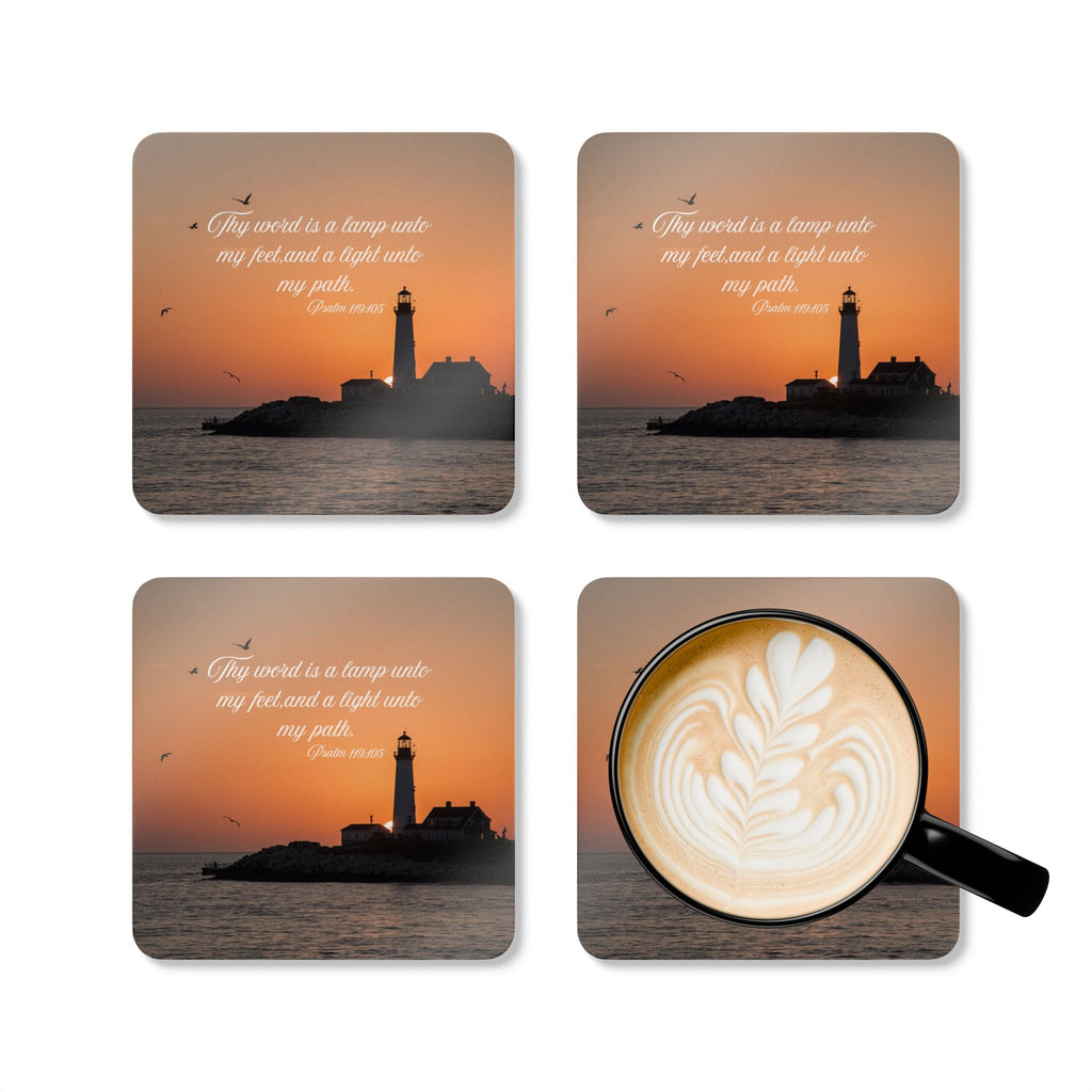 Lighthouse Sunset Cork Coaster Set — "Thy word is a lamp unto my feet" Inspirational Drink Coasters