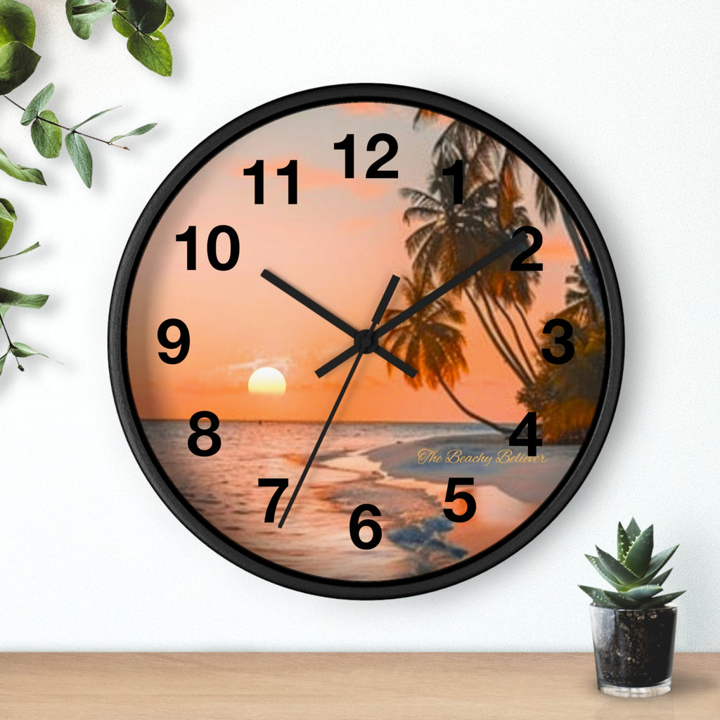 Tropical Sunset Wall Clock — Beach Palm Tree Coastal Decor