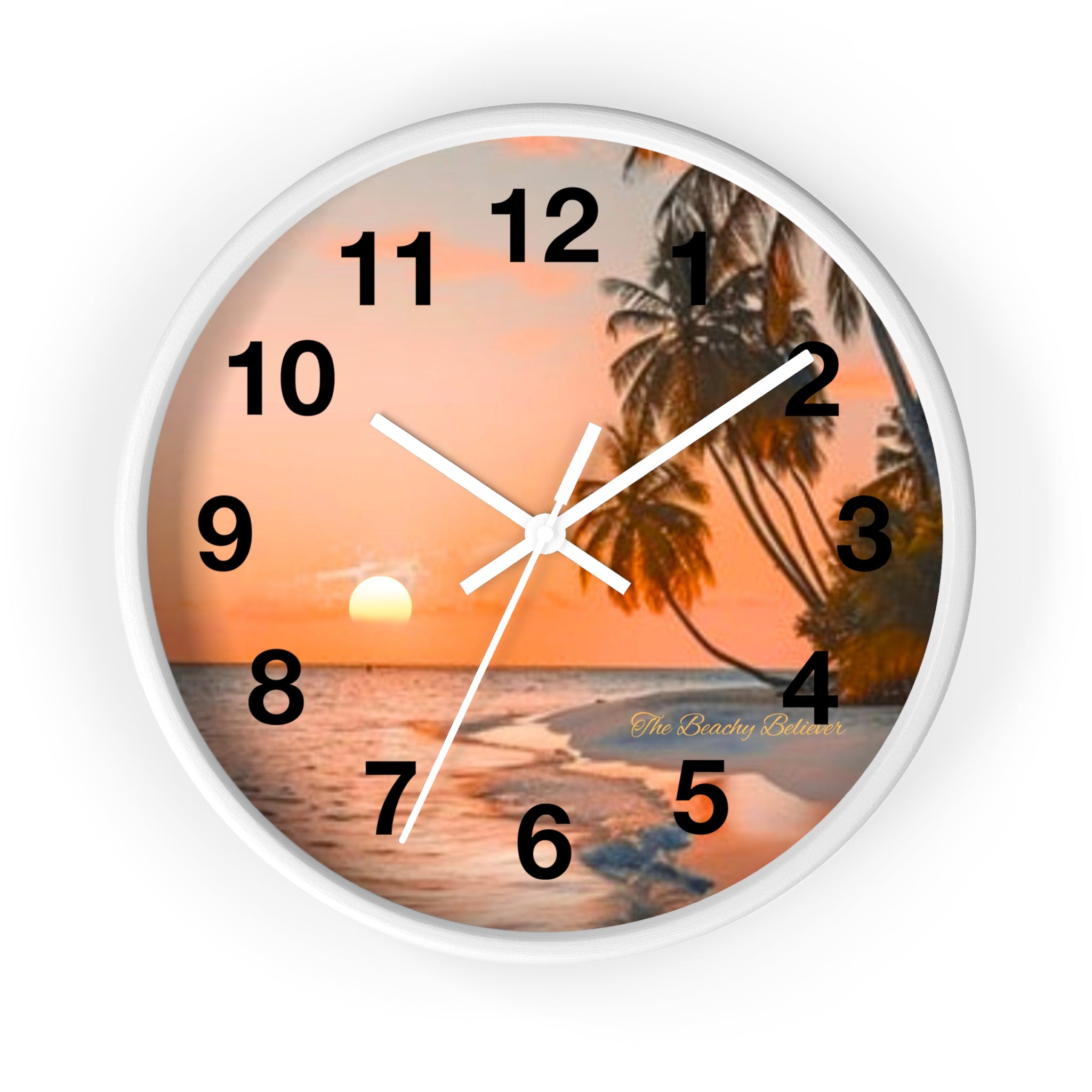 Tropical Sunset Wall Clock — Beach Palm Tree Coastal Decor