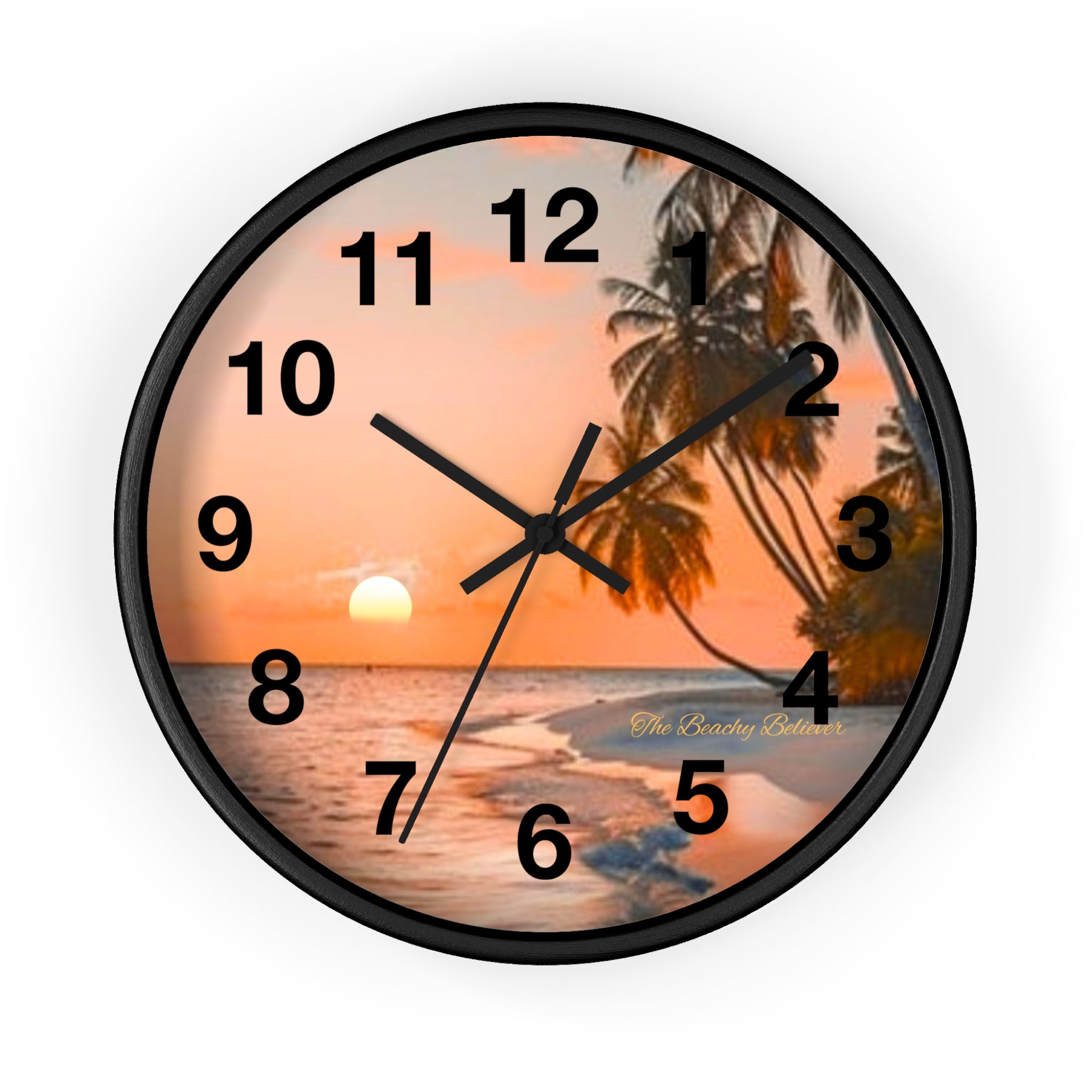 Tropical Sunset Wall Clock — Beach Palm Tree Coastal Decor