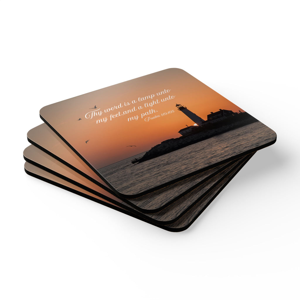 Lighthouse Sunset Cork Coaster Set — "Thy word is a lamp unto my feet" Inspirational Drink Coasters