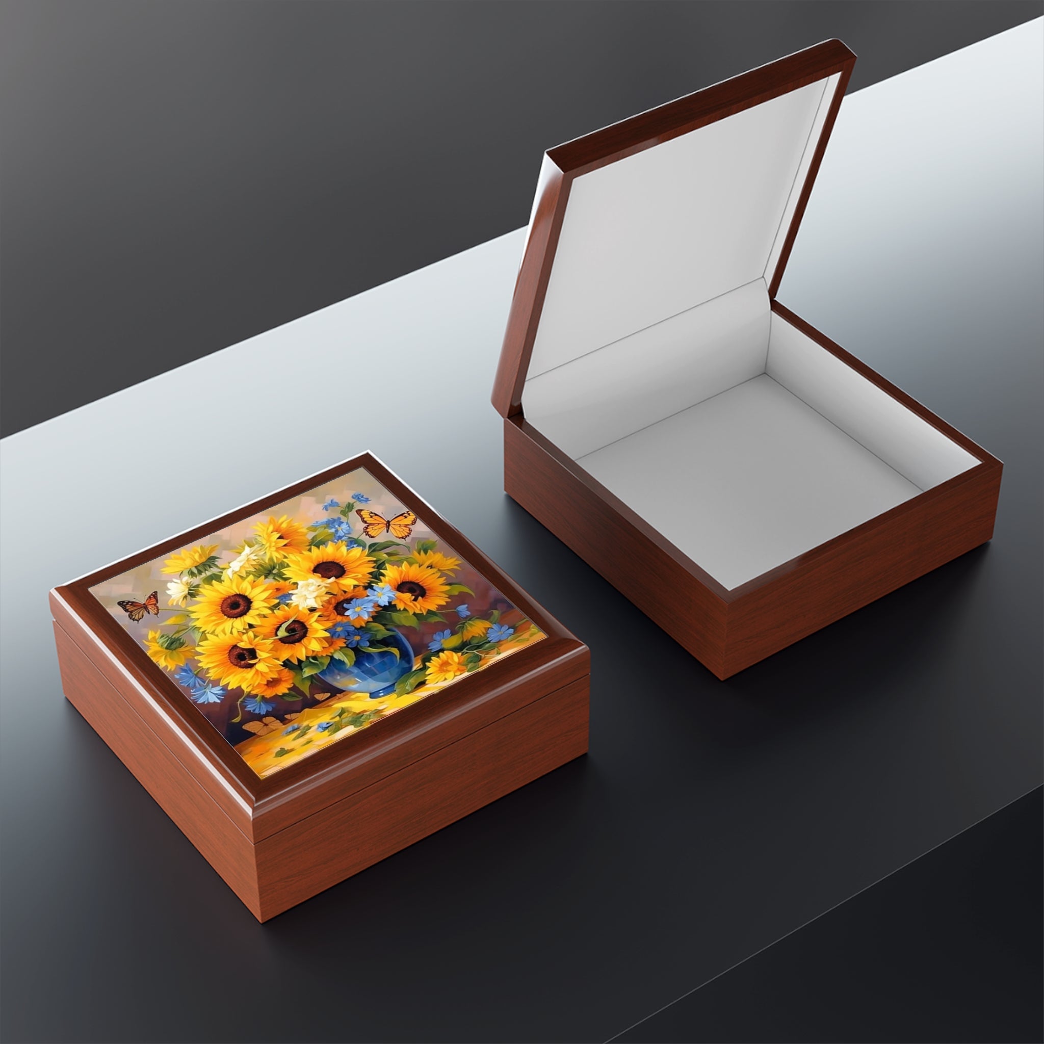 Sunflower Bouquet Jewelry Box — Floral Keepsake Box with Butterflies
