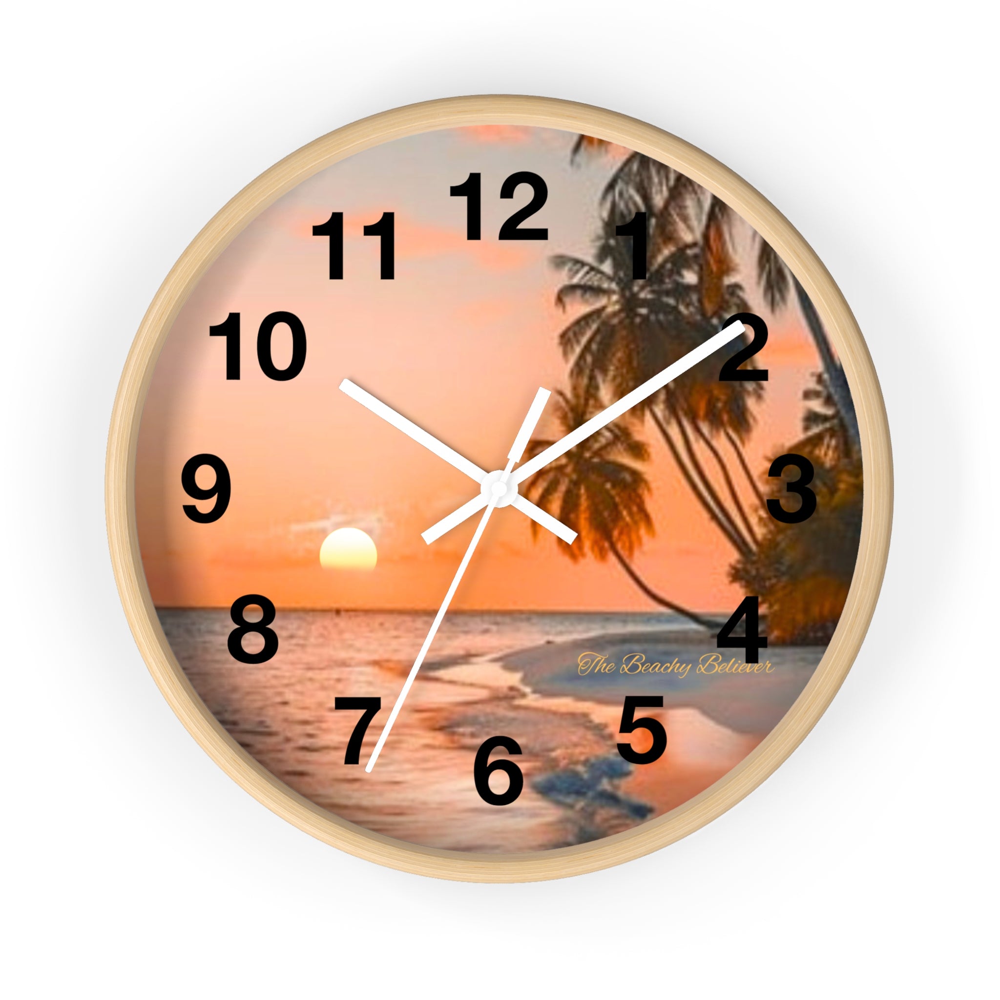 Tropical Sunset Wall Clock — Beach Palm Tree Coastal Decor