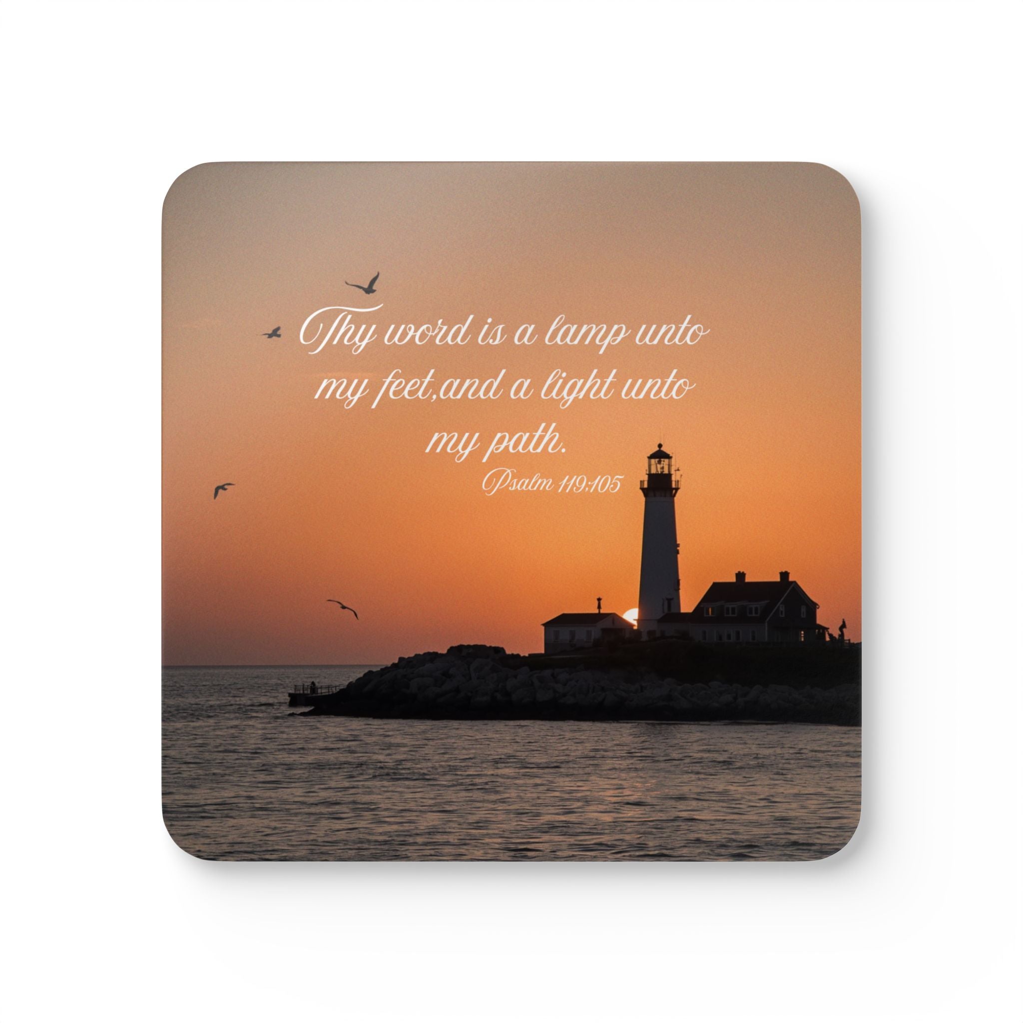 Lighthouse Sunset Cork Coaster Set — "Thy word is a lamp unto my feet" Inspirational Drink Coasters