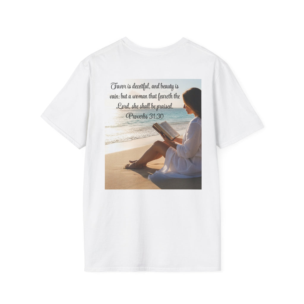 Proverbs 31:30 Beach Devotional T-Shirt — Woman Who Fears the Lord Religious Tee
