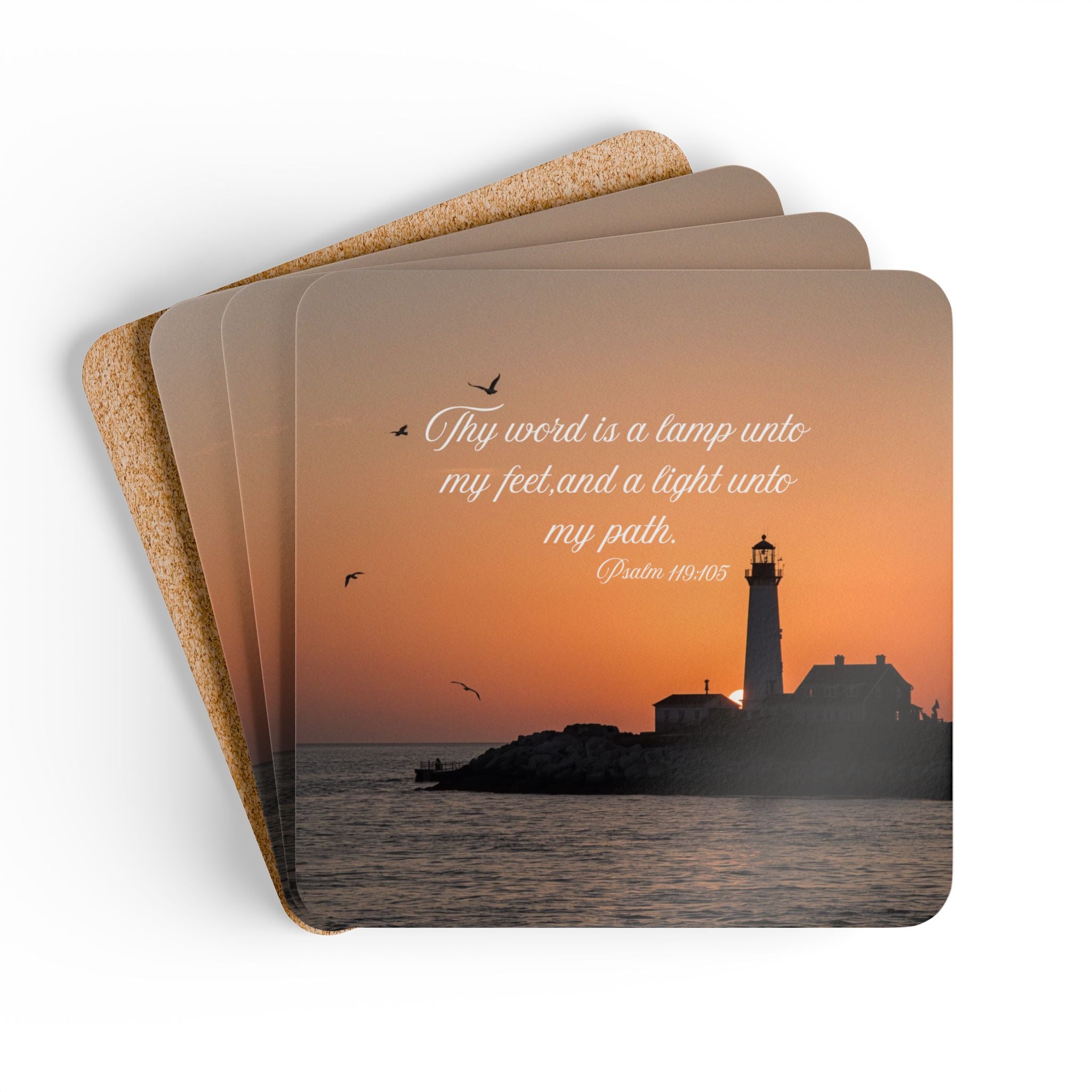 Lighthouse Sunset Cork Coaster Set — "Thy word is a lamp unto my feet" Inspirational Drink Coasters