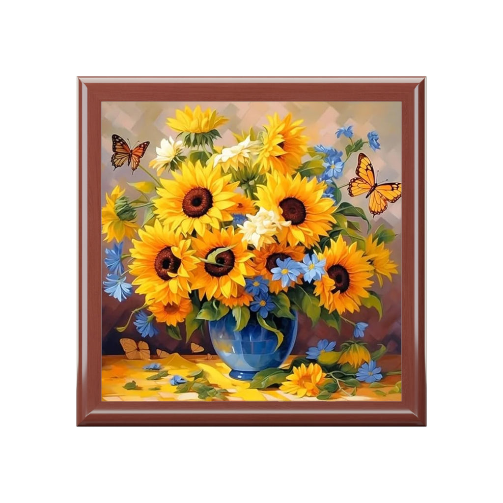 Sunflower Bouquet Jewelry Box — Floral Keepsake Box with Butterflies