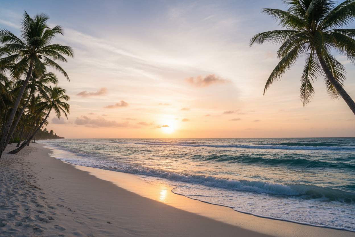 Beach with Palm Trees and Blue Ocean