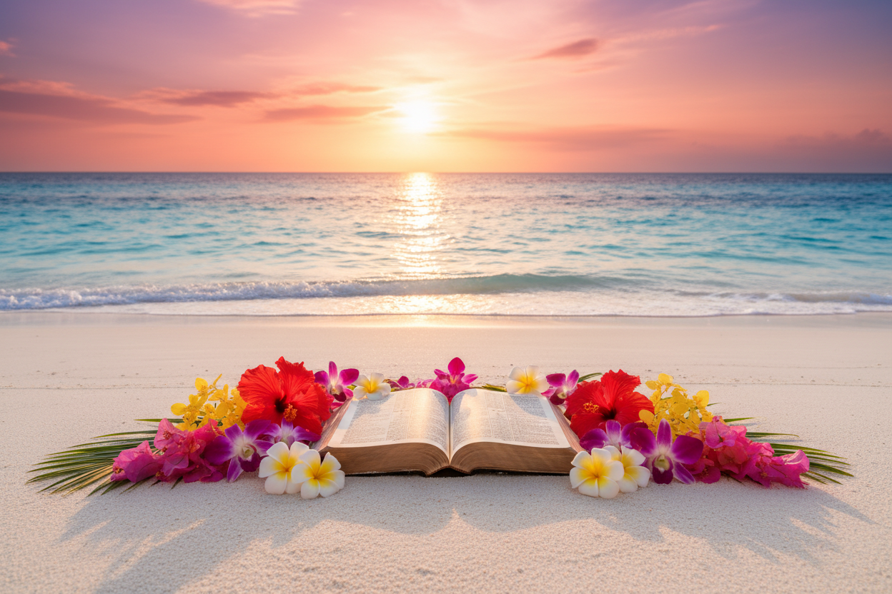 Centered Bible and Flowers on Beach