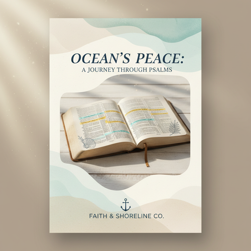 30-Day Bible Study Guide with coastal beach aesthetic and open Bible